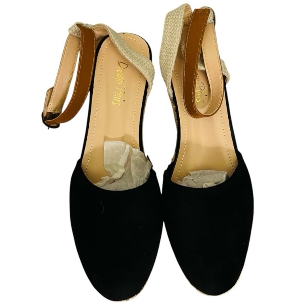 Dream Pairs NIB Black Espadrille Wedge Sandals with Tan Ankle Strap - Picture 4 of 7